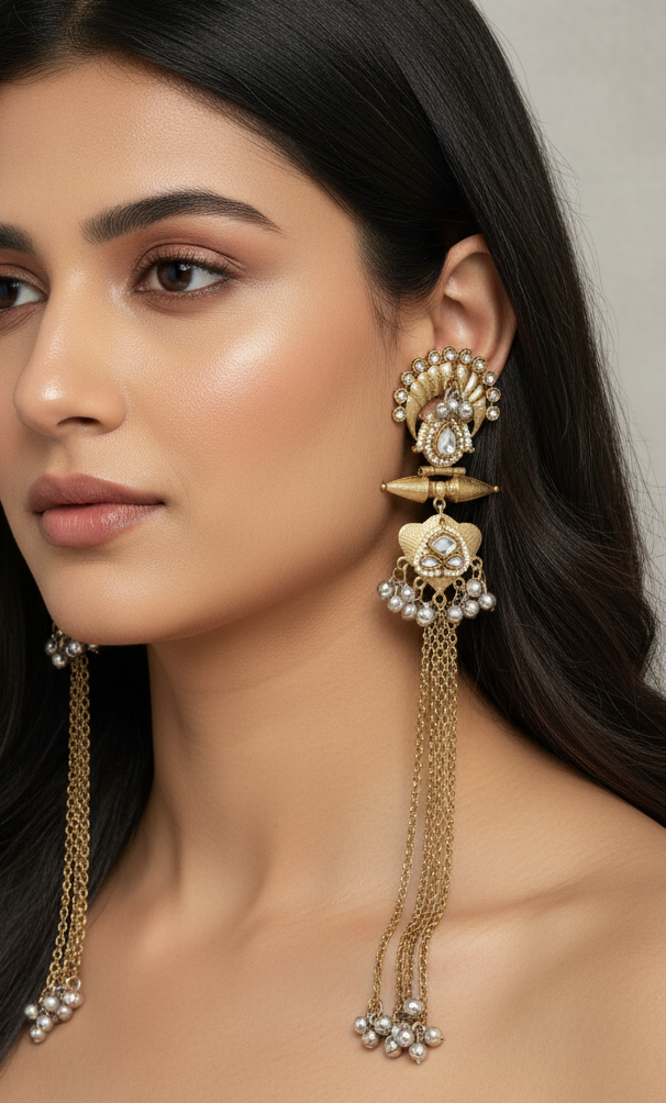 Grand Antique Gold Polki & Ghungroo Chain Drop Earrings