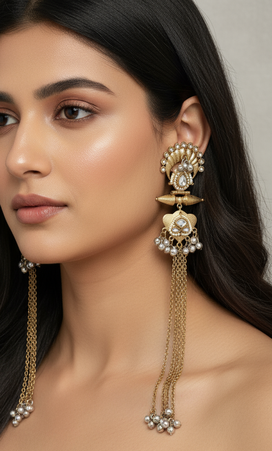Grand Antique Gold Polki & Ghungroo Chain Drop Earrings