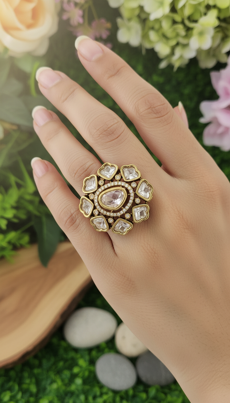 Heirloom Floral Polki Style Statement Ring