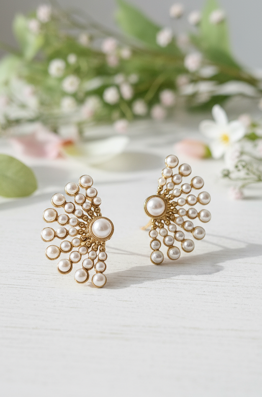 Regal Pearl Fan Cluster Stud Earrings