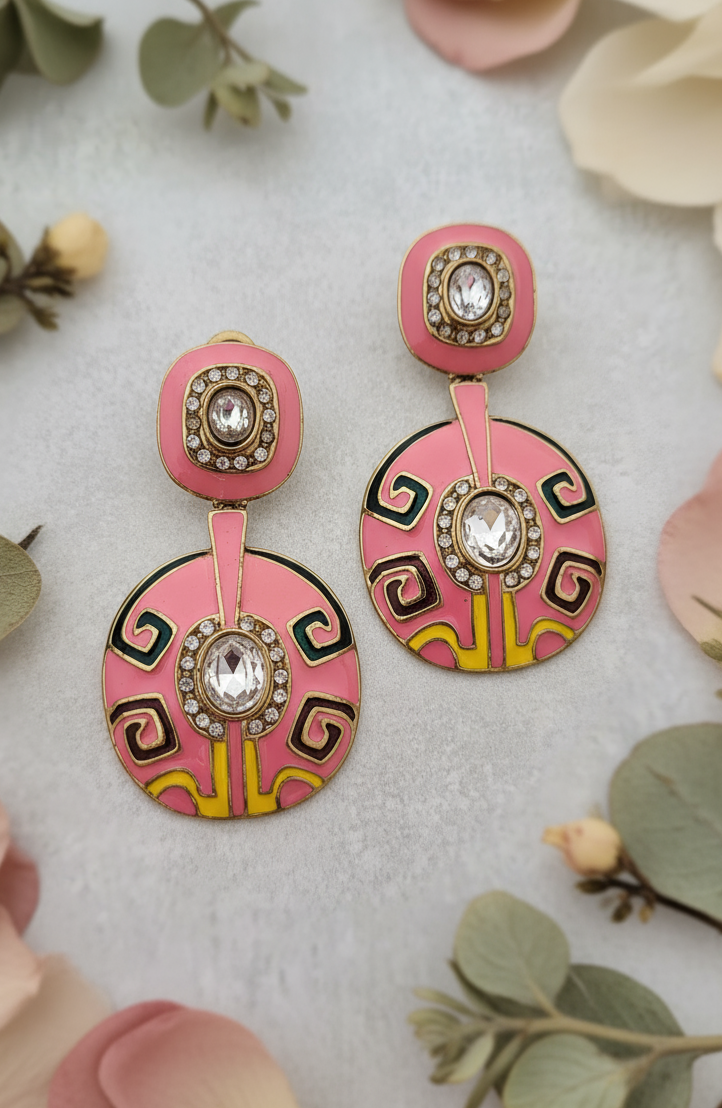 Bold Pink Enamel & Crystal Art Deco Drop Earrings