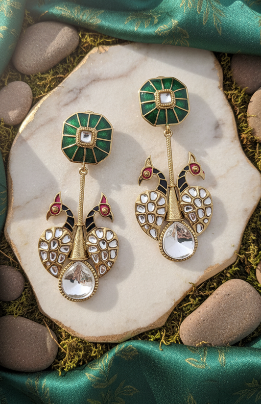 Meenakari Peacock & Polki Stone Dangle Earrings