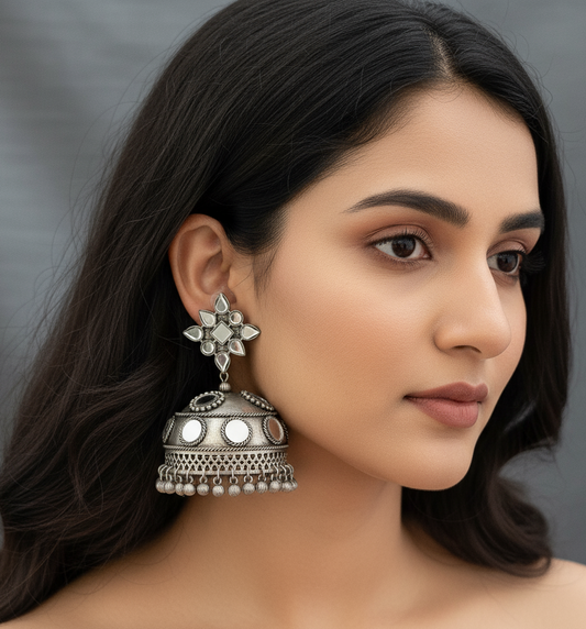 Oxidized extra large Jhumkha with mirror detail earrings