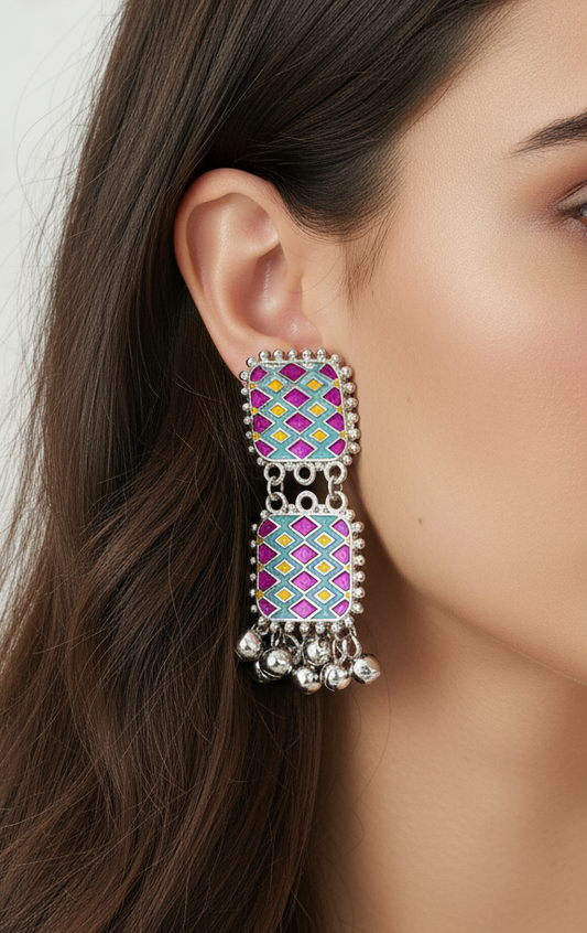 Oxidized Silver & Pink-Teal Meenakari Jhumki Drops