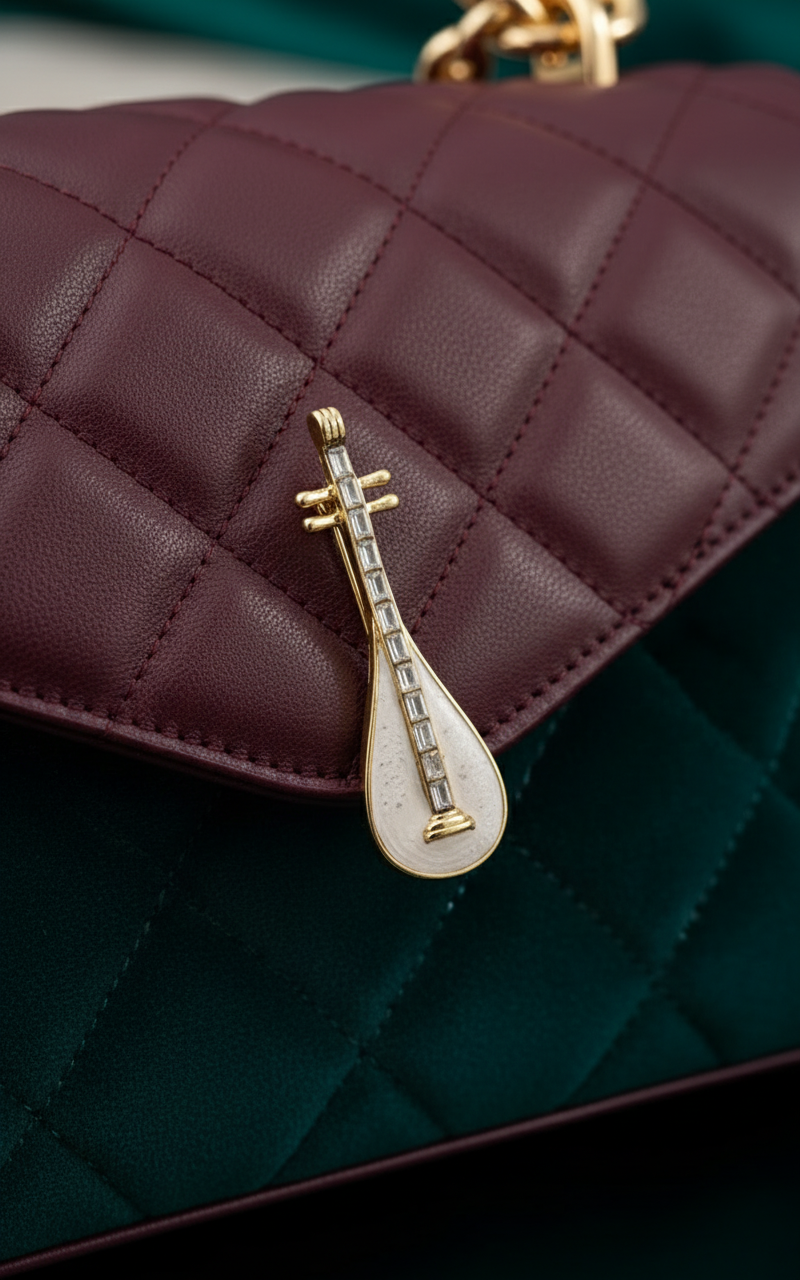 Crystal Baguette & White Enamel Sitar Brooch Pin