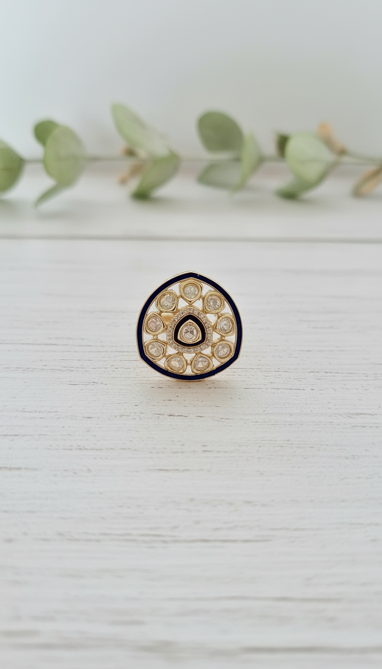 Navy Enamel Polki-Style Statement Ring