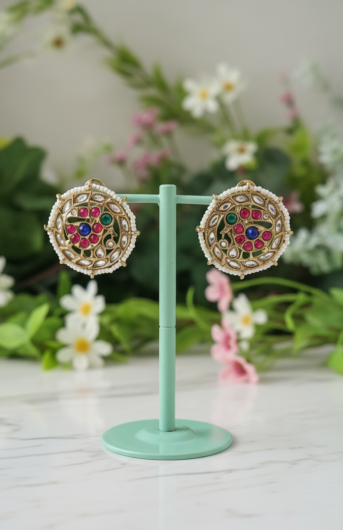 Colorful  Polki Stone Round Stud Earrings