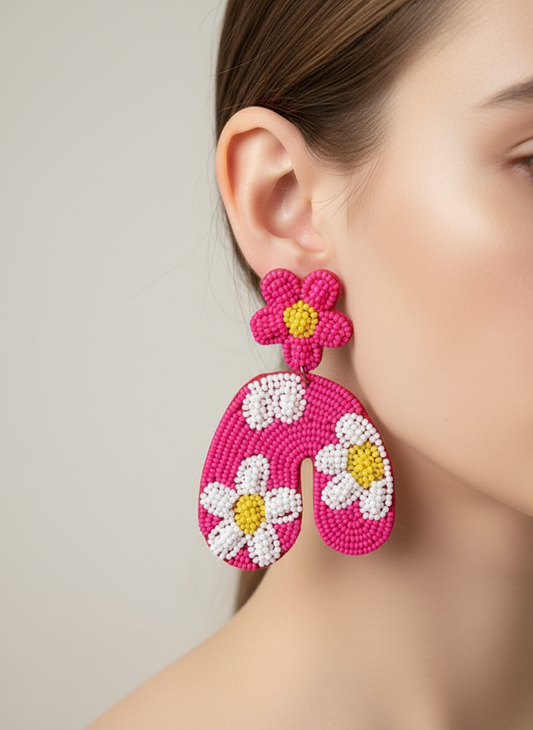 Neon Pink Floral Beaded Dangle Earrings