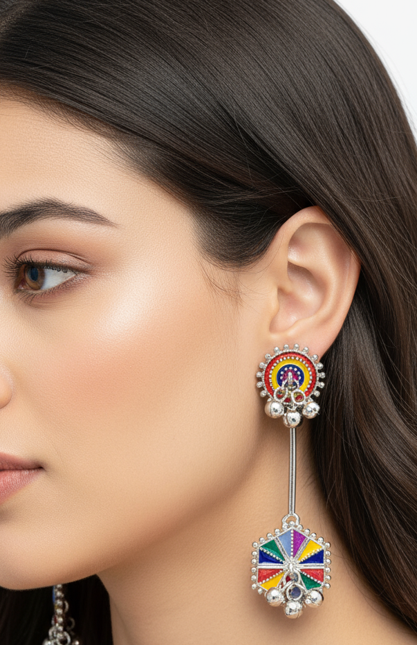 Vibrant Enamel Hexagon Drop Earrings with Ghungroos