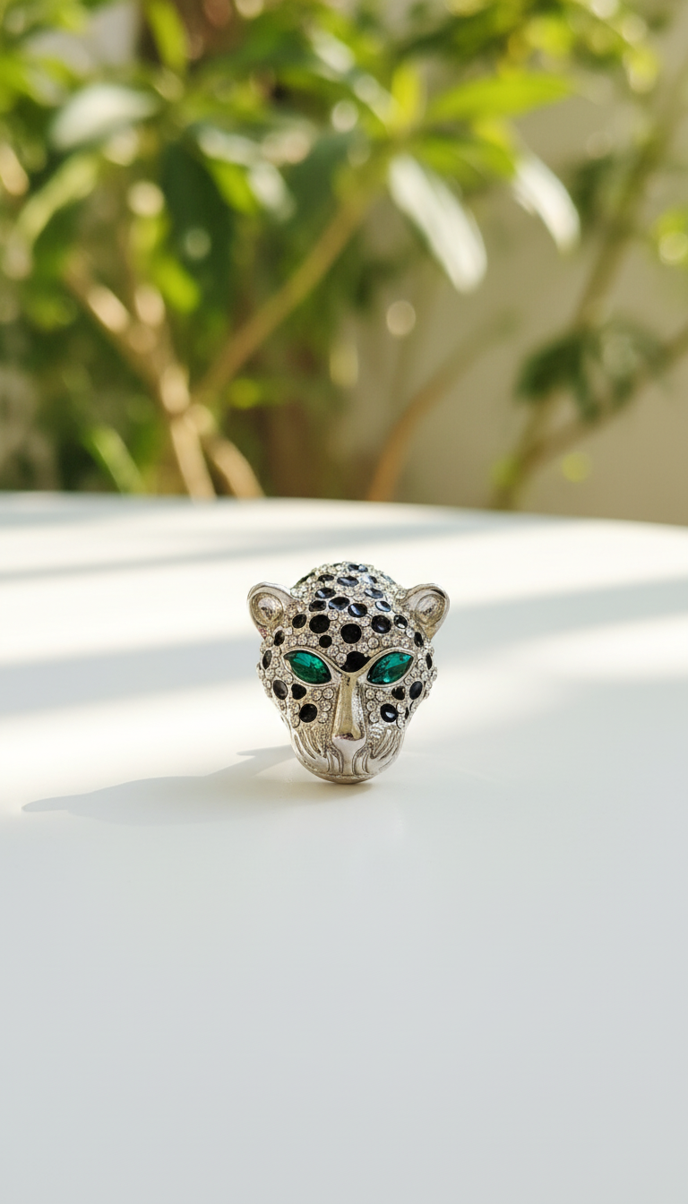 Crystal & Black Enamel animal Head Brooch