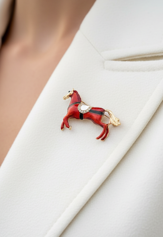 Gold-Tone Equestrian Brooch with Crystal Saddle