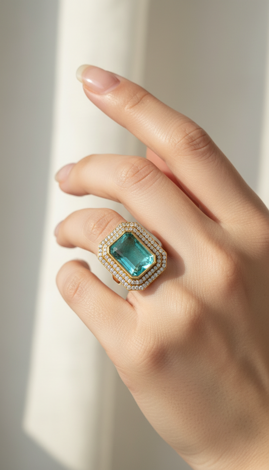 Emerald Cut Aqua Statement Ring
