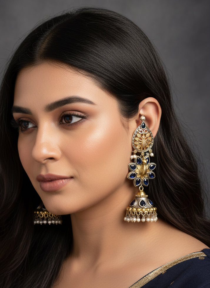 Oxidized Peacock motif long earrings