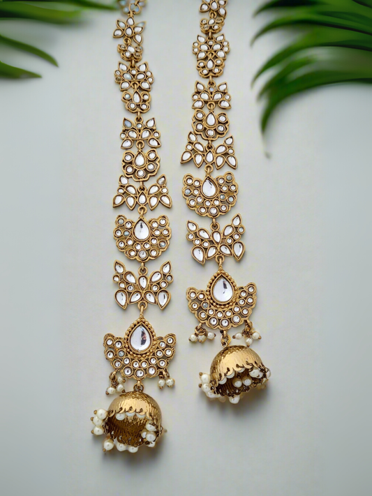 Sparkling Polki Stone Kaan Chain & Jhumka Danglers