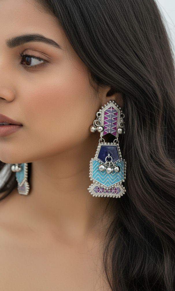 Layered Blue Enamel & Ghungroo Drop Earrings