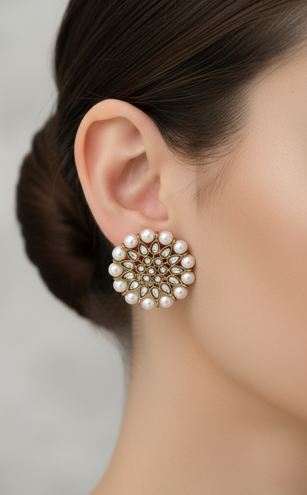 Floral Polki Stone & Pearl Stud Earrings