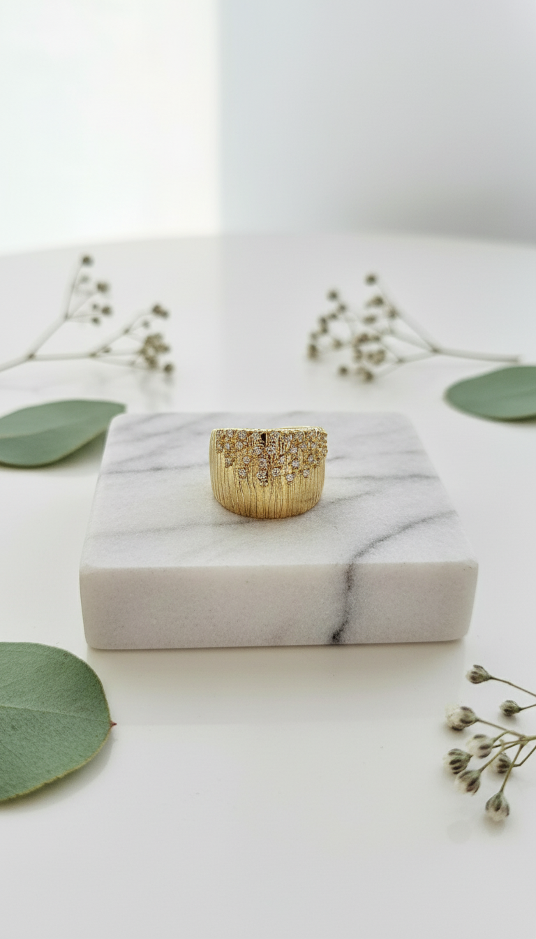 Golden Cascade Crystal Wide Band Ring