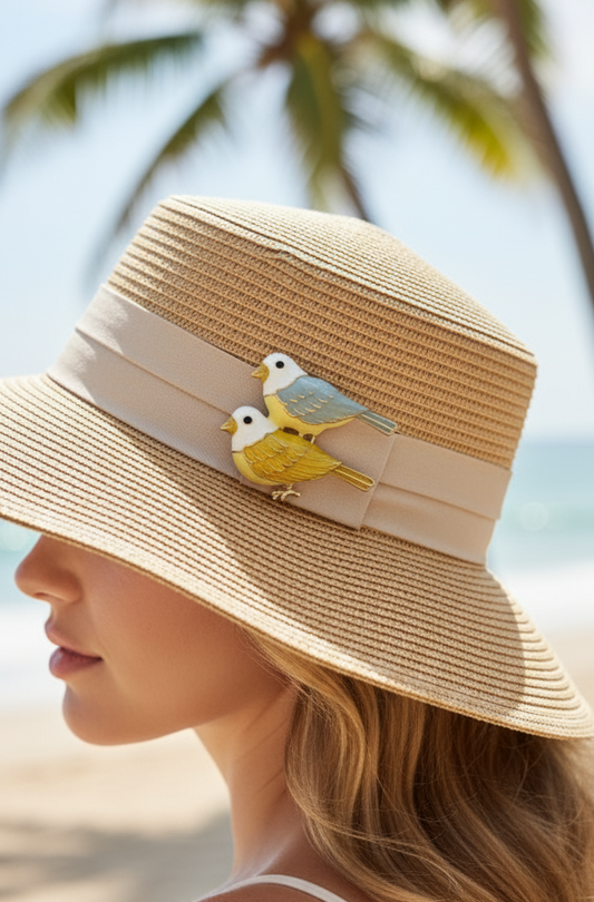 Yellow & Gray Enamel Bird Duo Brooch Pin