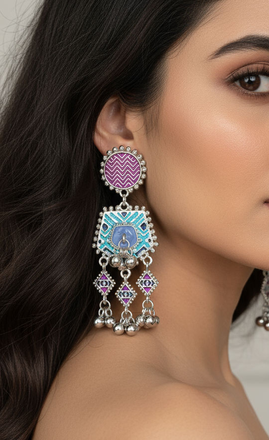 Artisan Chevron & Peacock Enamel Chandelier Earrings