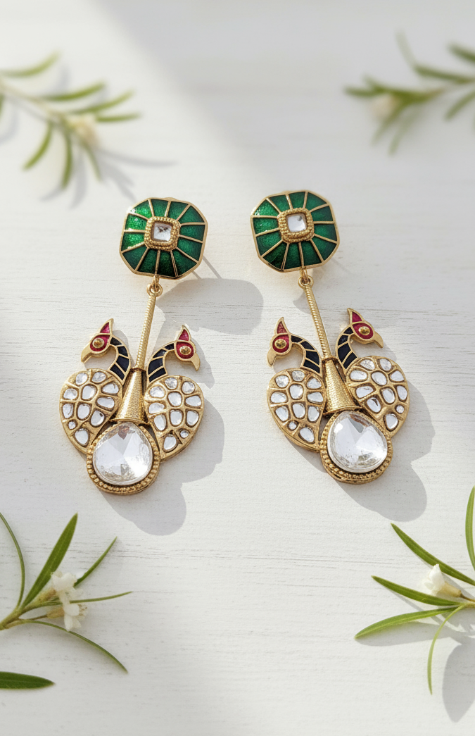 Meenakari Peacock & Polki Stone Dangle Earrings