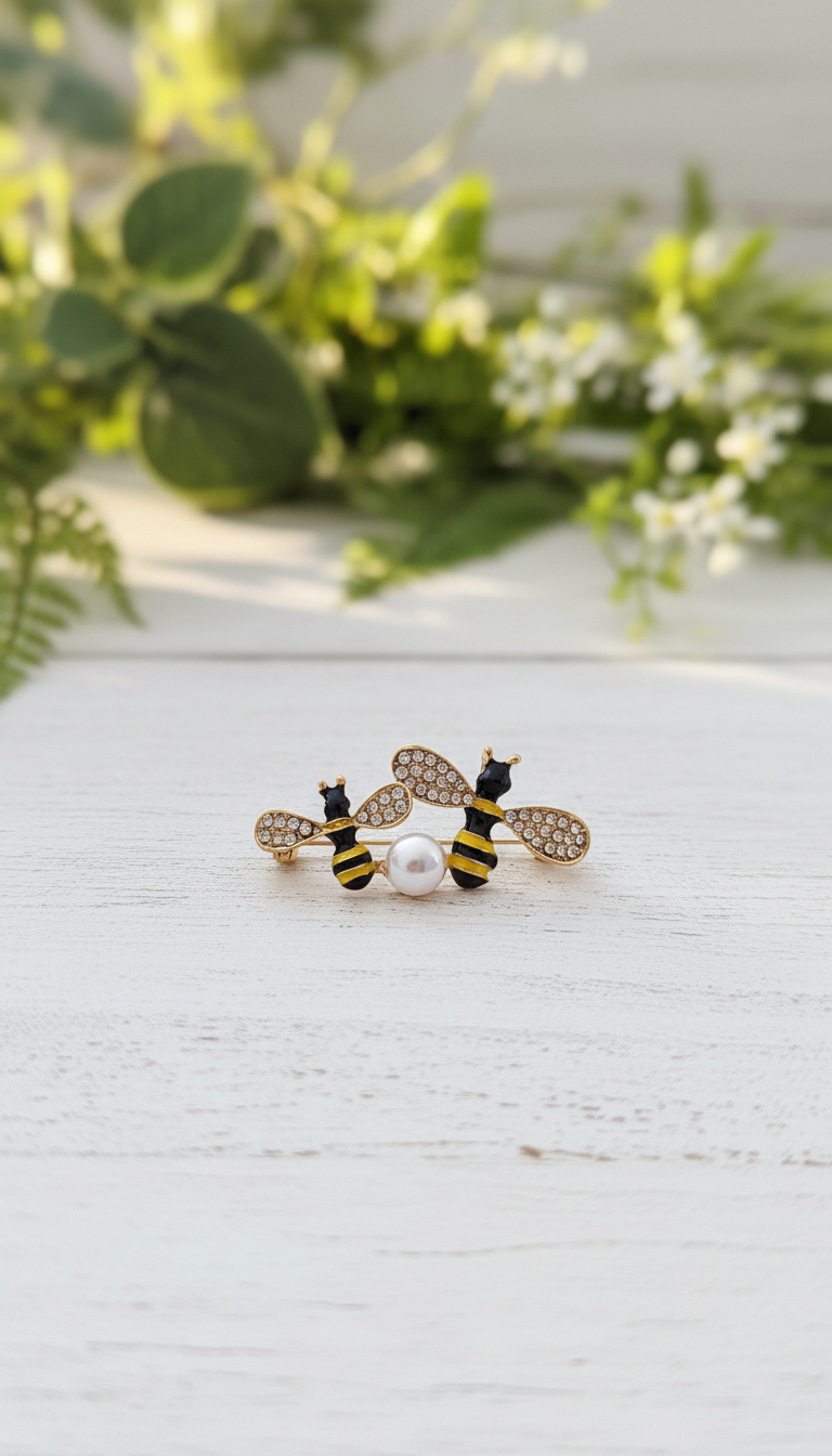 Crystal Winged Bee Cluster & Pearl Brooch Pin