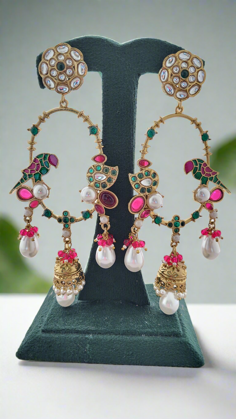 Regal Polki & Meenakari Chandelier Pearl Earrings