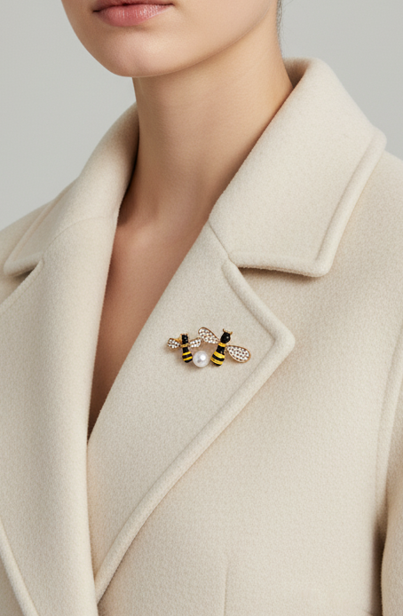 Crystal Winged Bee Cluster & Pearl Brooch Pin