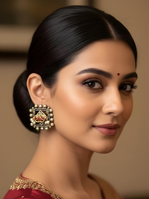 Oxidized studs with Red stones and Pearl