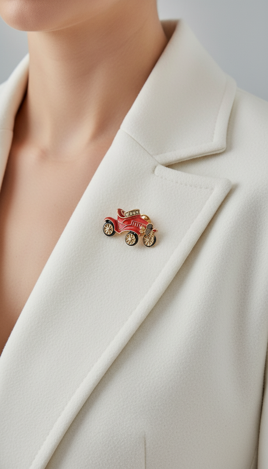 Whimsical Red Antique Car Brooch