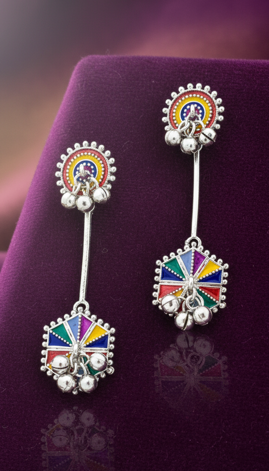 Vibrant Enamel Hexagon Drop Earrings with Ghungroos