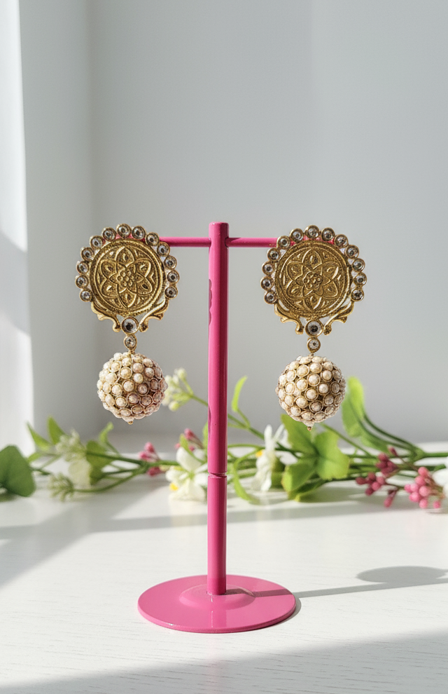 Ornate Gold Medallion & Pearl Jhoomar Drop Earrings