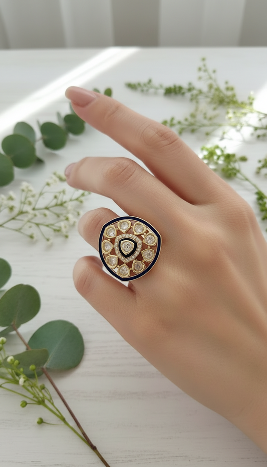 Navy Enamel Polki-Style Statement Ring