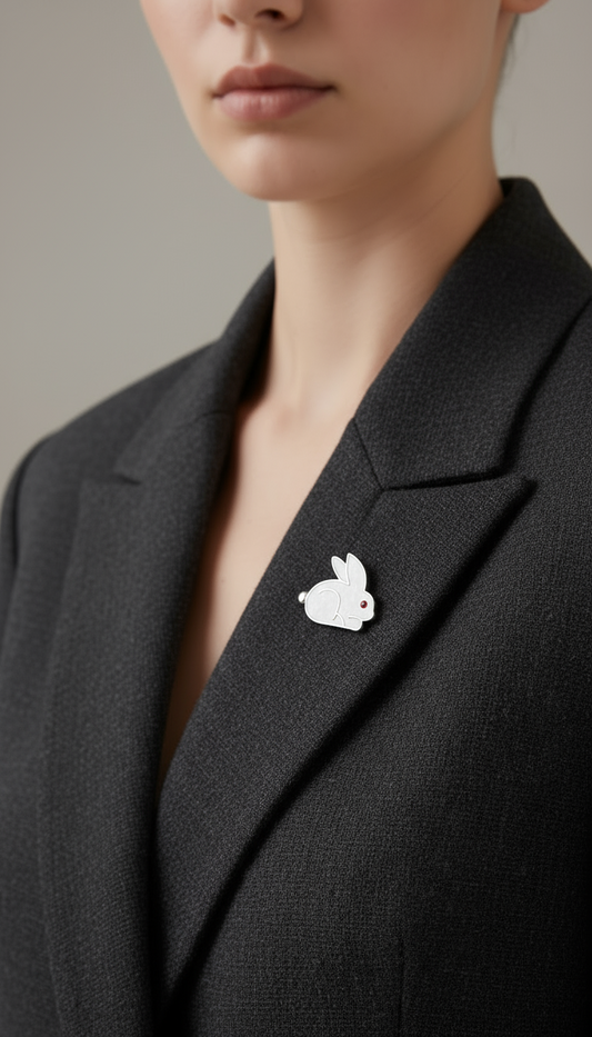 Sleek White Enamel Rabbit Pin with Ruby Eye
