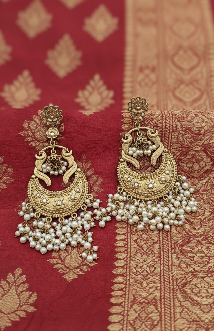 Grand Antique Gold Chaandbali Jhumka Earrings with Pearl Tassels