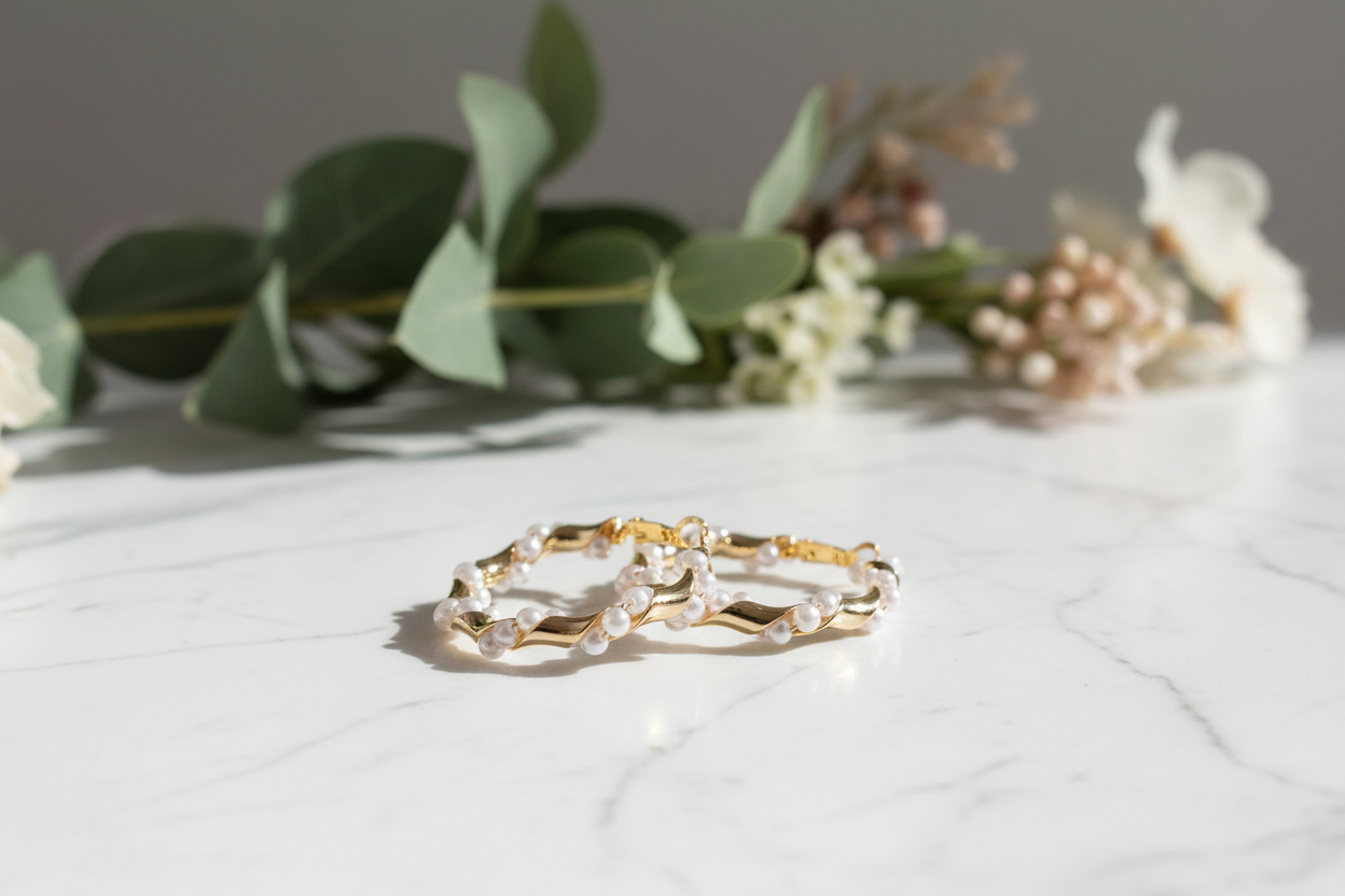 Twisted Gold Pearl Hoops