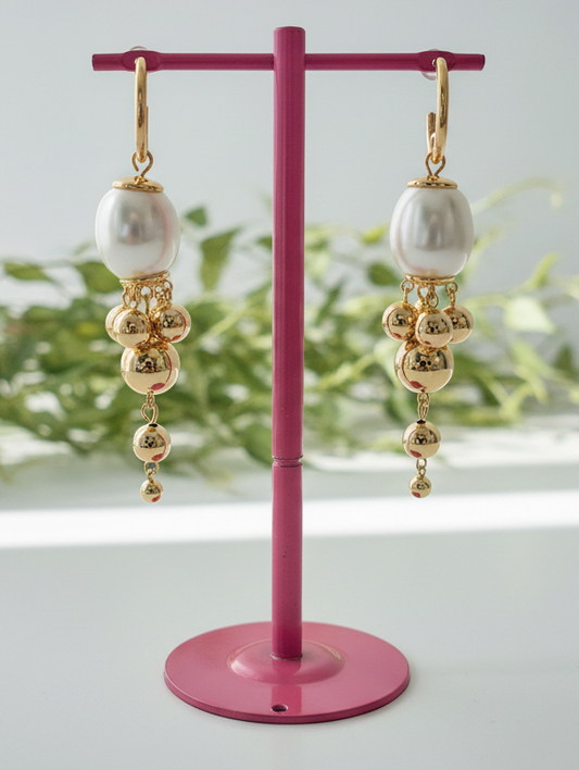 Luminous Pearl & Gold Orb Drop Earrings