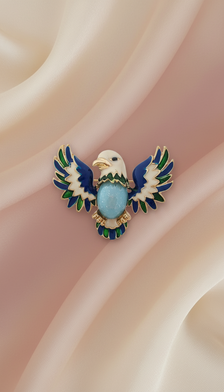 Majestic Blue Enamel Eagle Brooch with Gemstone