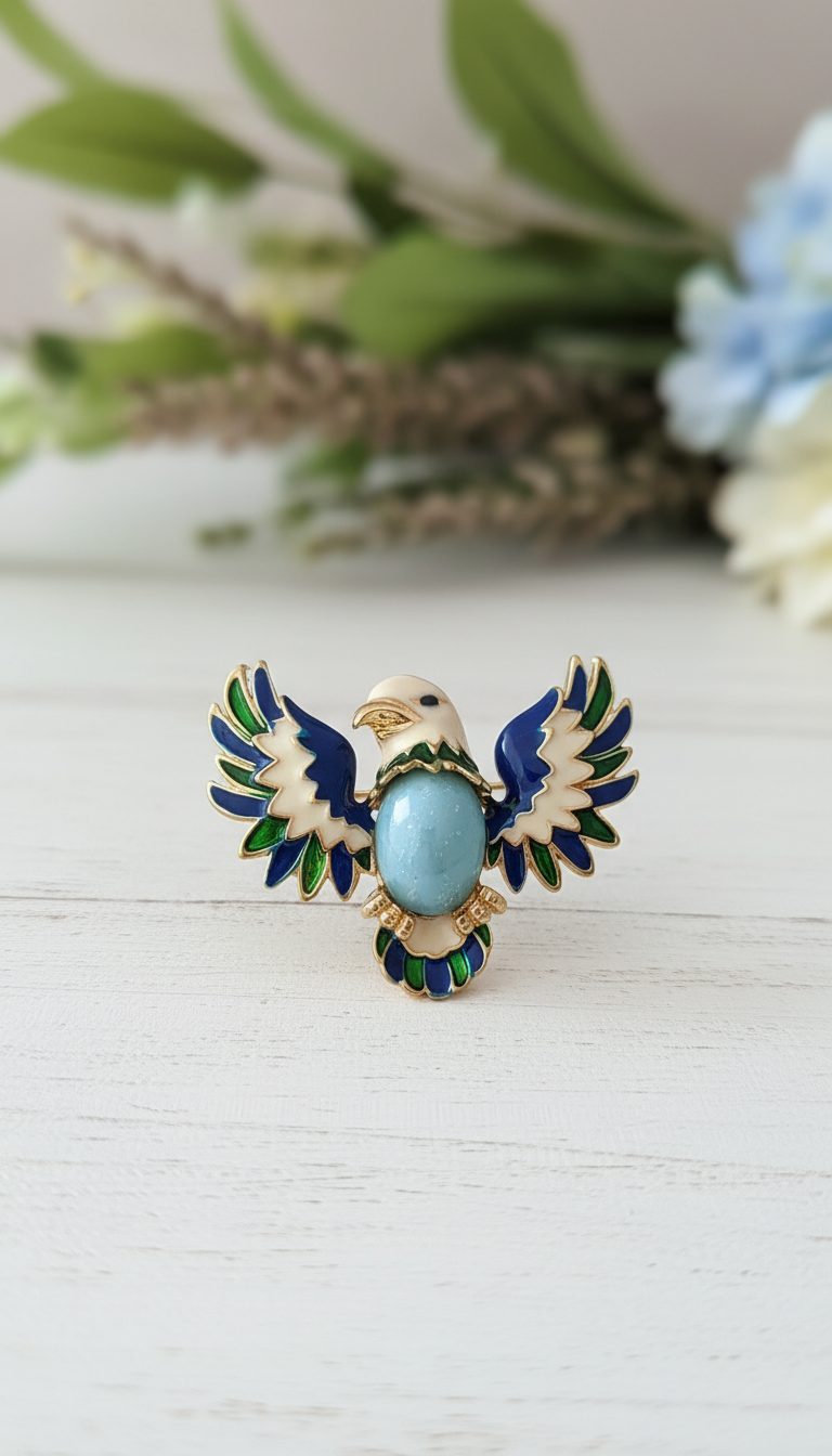 Majestic Blue Enamel Eagle Brooch with Gemstone