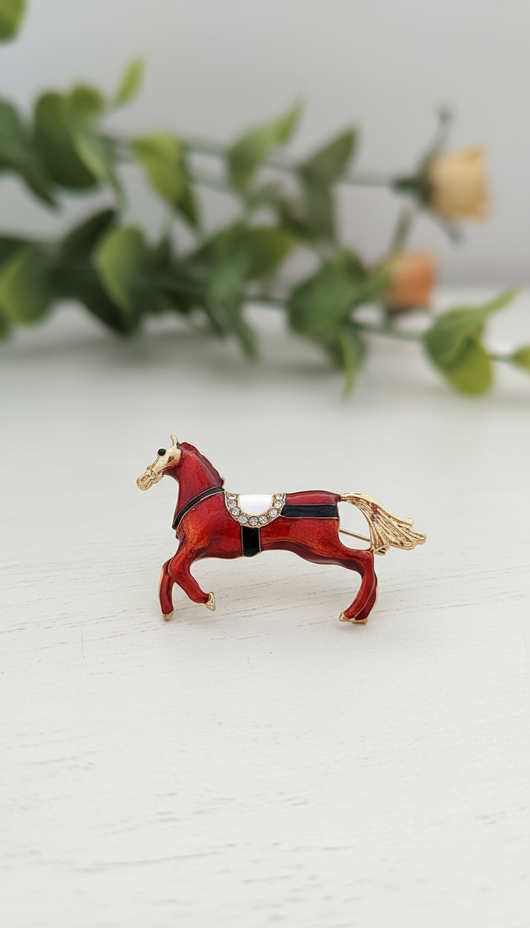 Gold-Tone Equestrian Brooch with Crystal Saddle