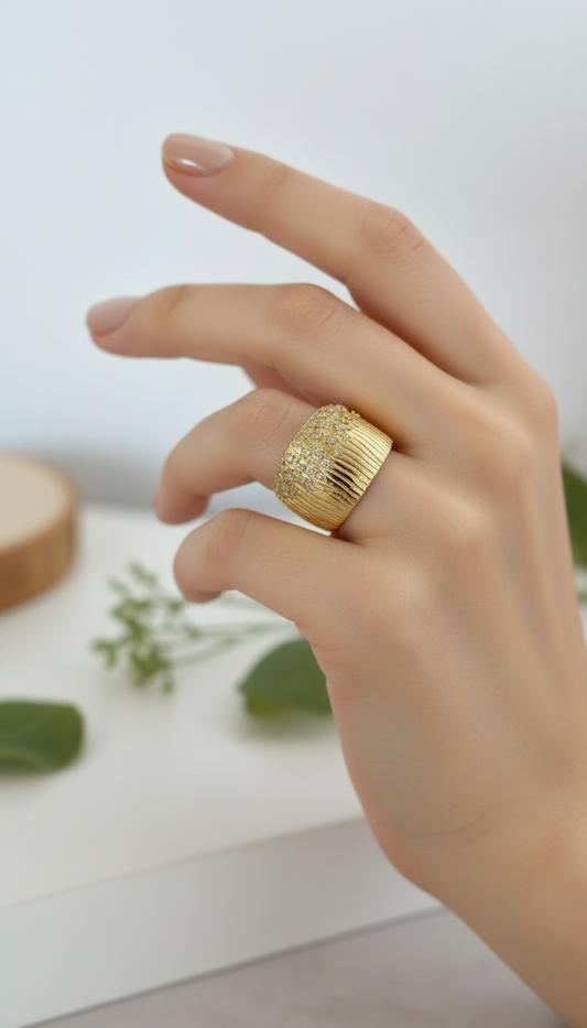 Golden Cascade Crystal Wide Band Ring