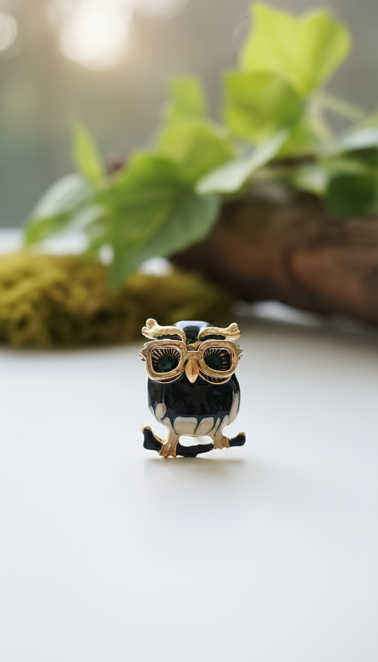 "Wise Owl" Enamel & Crystal Glasses Brooch