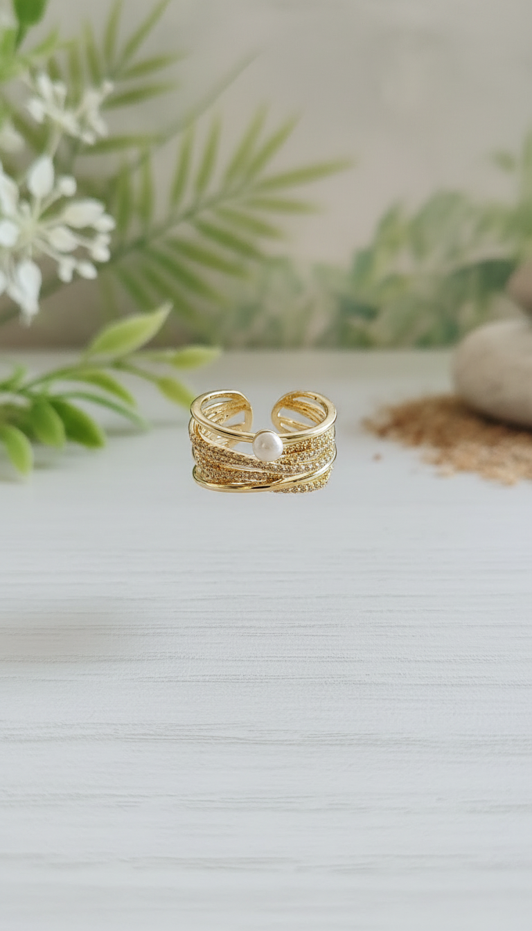 The Chic Layered Pavé Pearl Cuff Ring