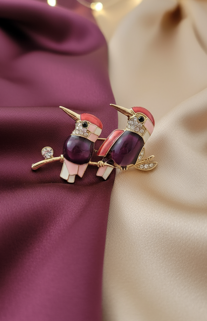 Jeweled Ruby & Pink Enamel Bird Duo Brooch