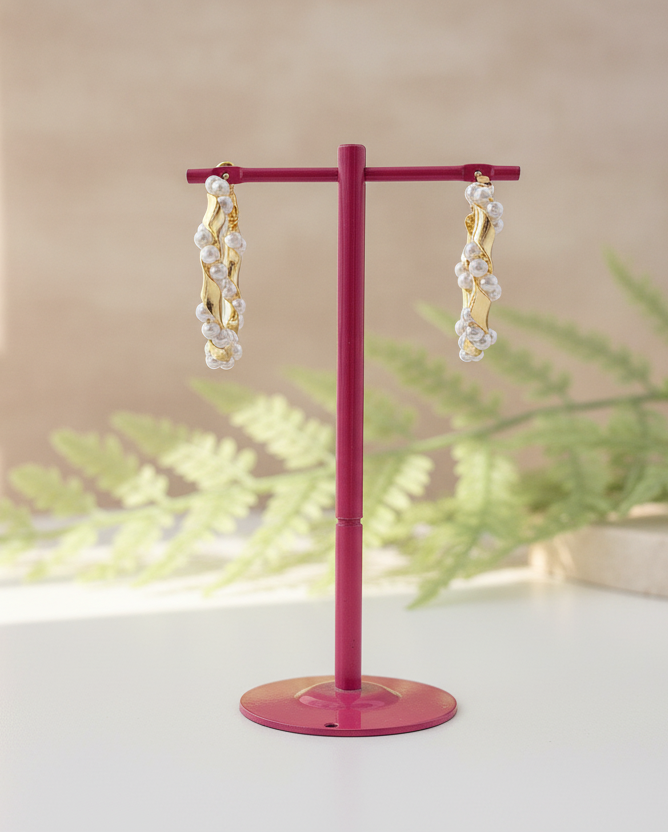 Twisted Gold Pearl Hoops