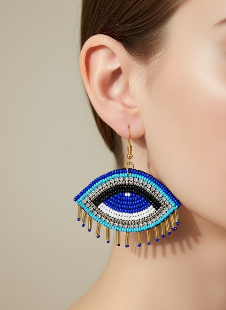 Evil Eye Beaded Dangle Earrings with Gold Spikes