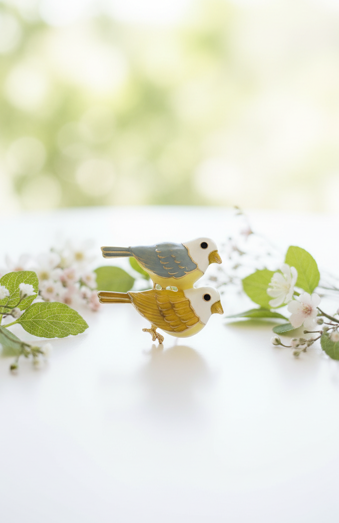 Yellow & Gray Enamel Bird Duo Brooch Pin
