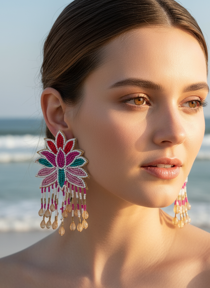 Lotus Flower Beaded Dangle Earrings with Pink Drop Beads