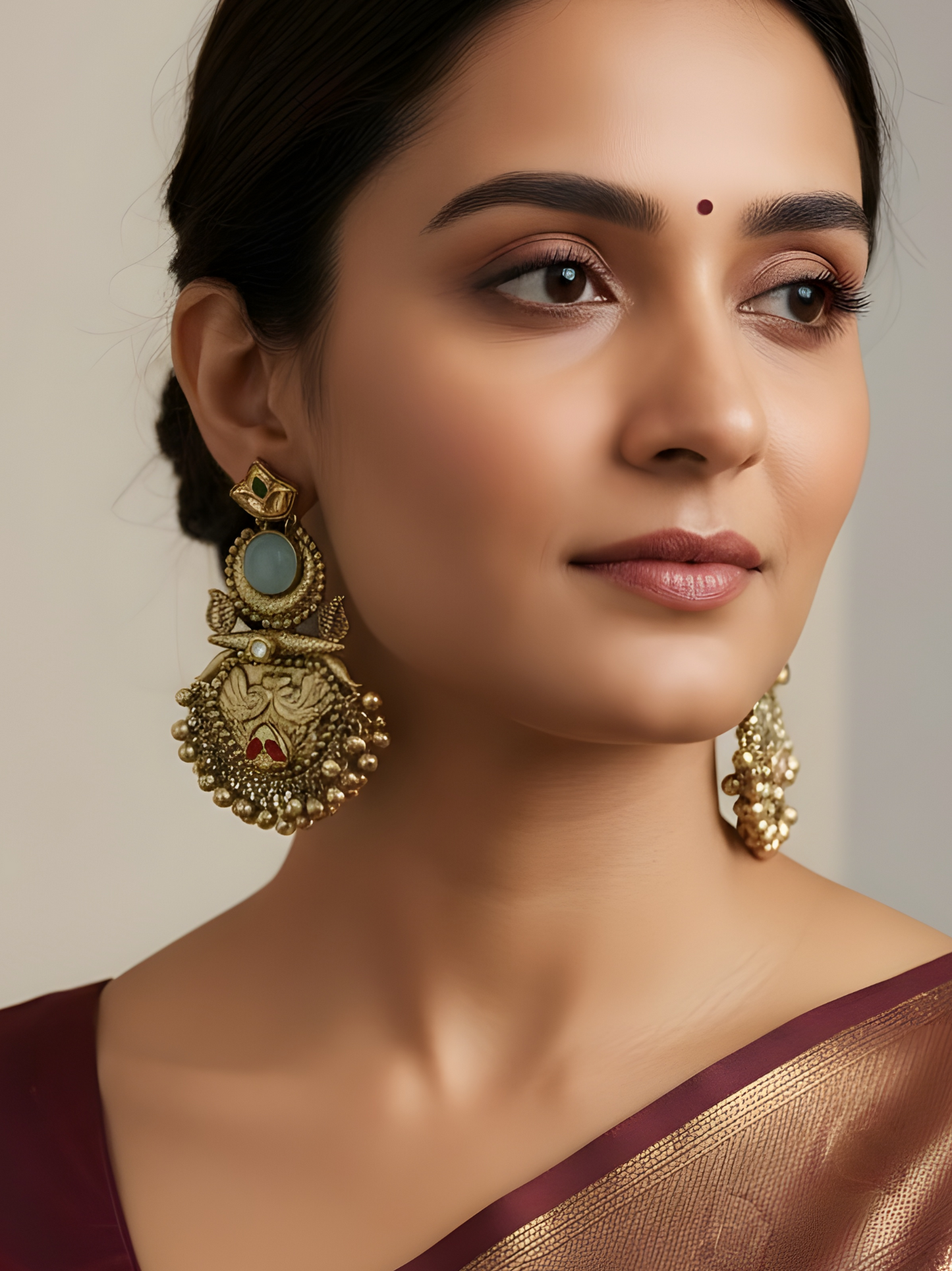 Antique Gold-Toned Peacock Dangle Earrings