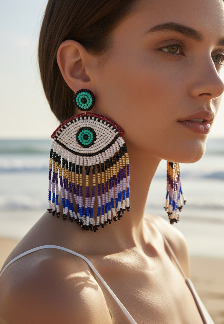 Evil Eye Beaded Dangle Earrings with Fringe