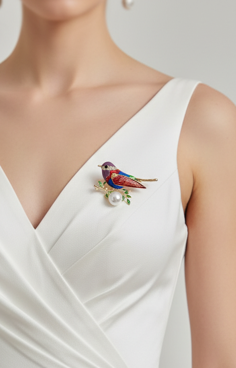 Colorful Enamel & Crystal Bird on Pearl Branch Brooch